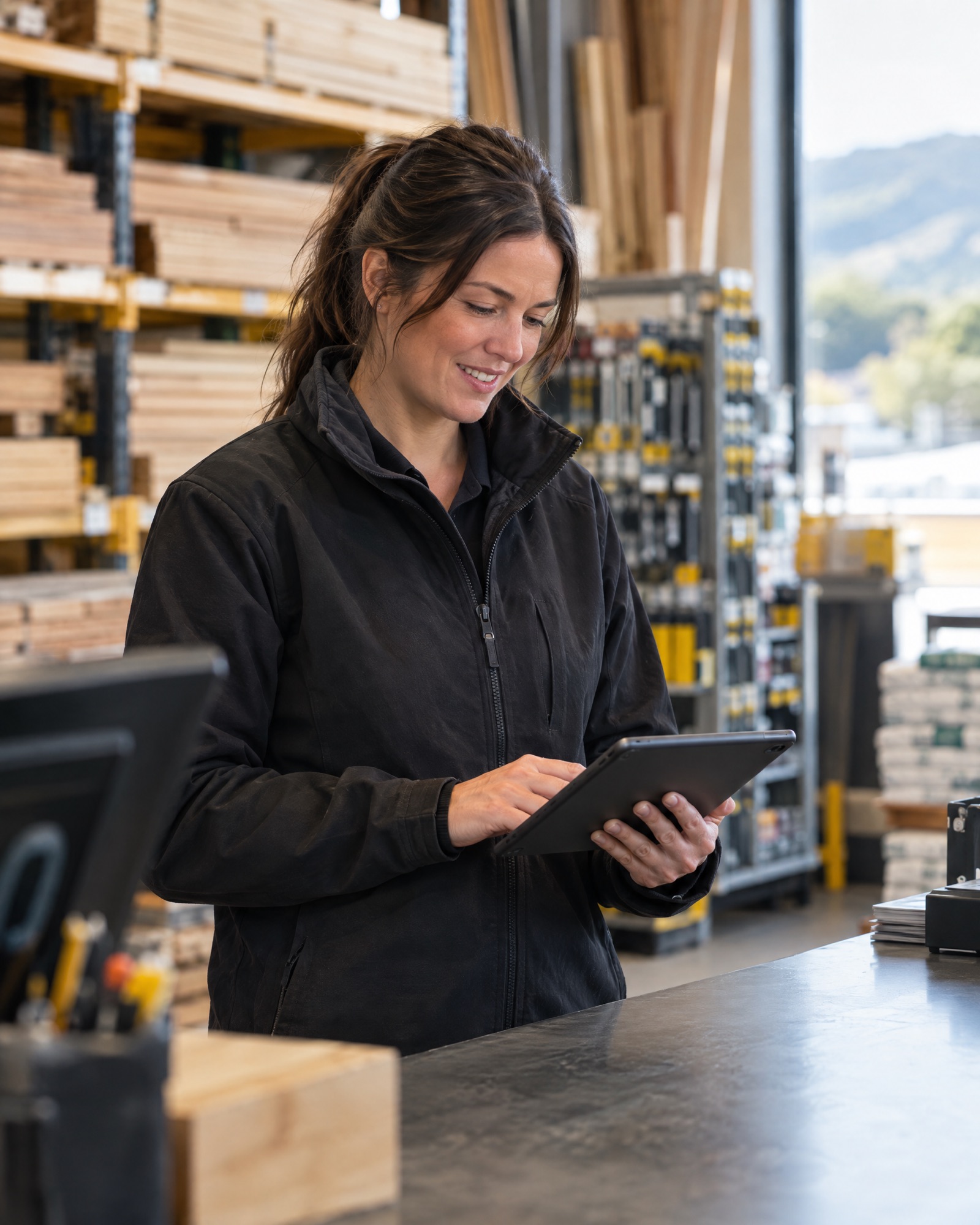 A trade counter staff member opening an account on a tablet